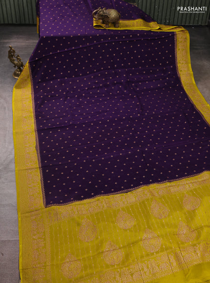 Banarasi chiffon saree deep violet and lime green with allover thread & zari woven buttas and woven border