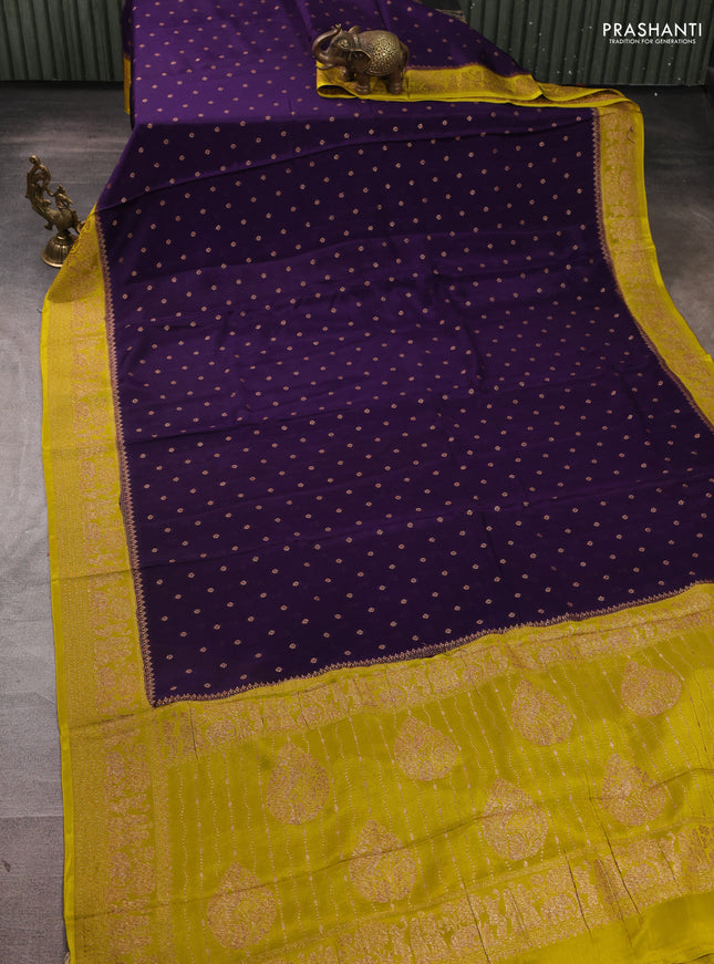 Banarasi semi chiffon saree deep violet and lime green with allover thread & zari woven buttas and woven border