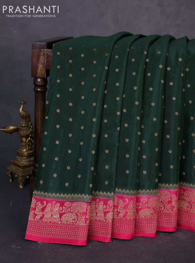 Banarasi semi chiffon saree bottle green and pink with allover thread & zari woven buttas and woven border
