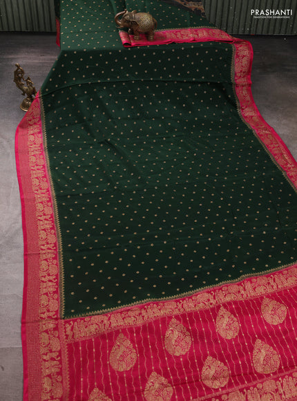 Banarasi chiffon saree bottle green and pink with allover thread & zari woven buttas and woven border
