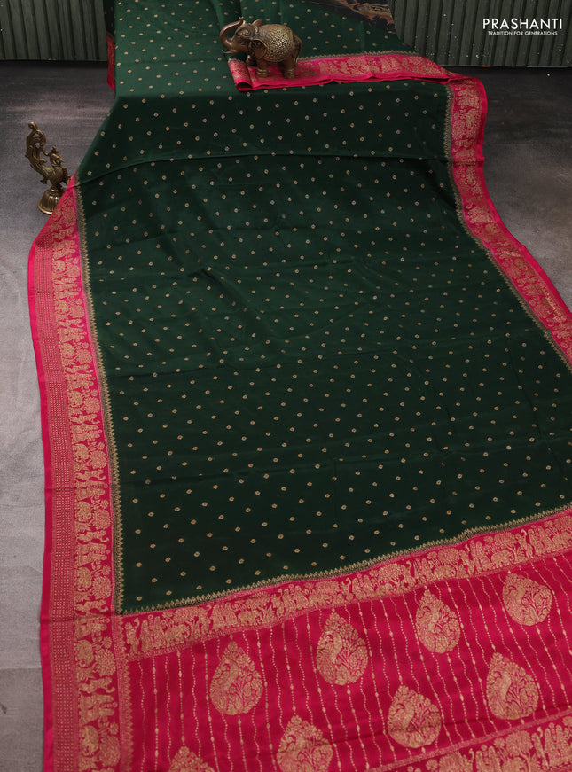 Banarasi semi chiffon saree bottle green and pink with allover thread & zari woven buttas and woven border