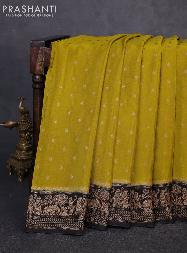 Banarasi semi chiffon saree mustard green and black with allover thread & zari woven buttas and woven border