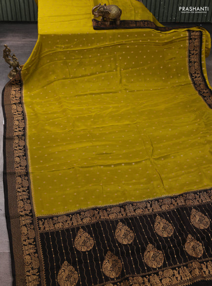 Banarasi chiffon saree mustard green and black with allover thread & zari woven buttas and woven border