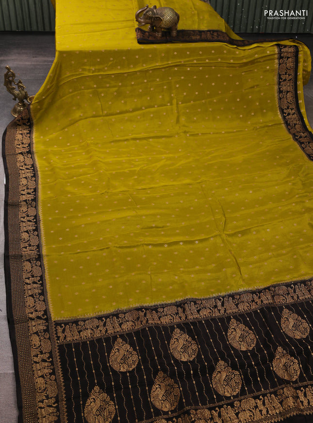 Banarasi semi chiffon saree mustard green and black with allover thread & zari woven buttas and woven border