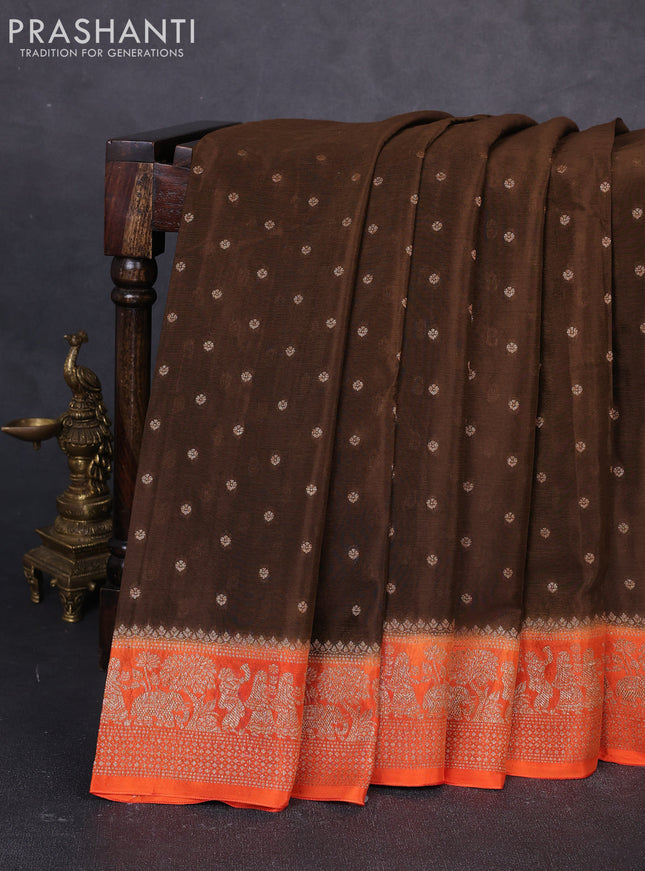 Banarasi semi chiffon saree brown and orange with allover thread & zari woven buttas and woven border