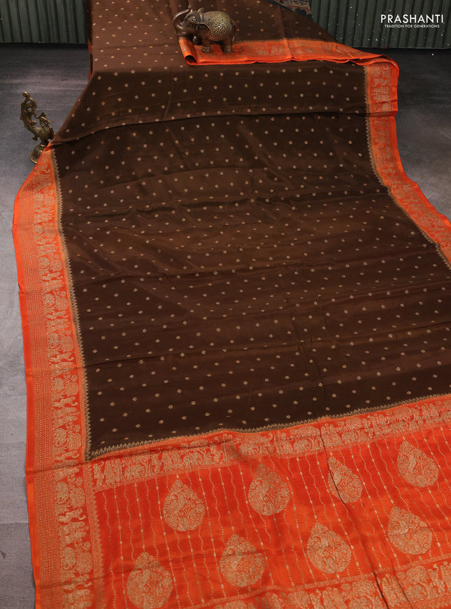 Banarasi semi chiffon saree brown and orange with allover thread & zari woven buttas and woven border