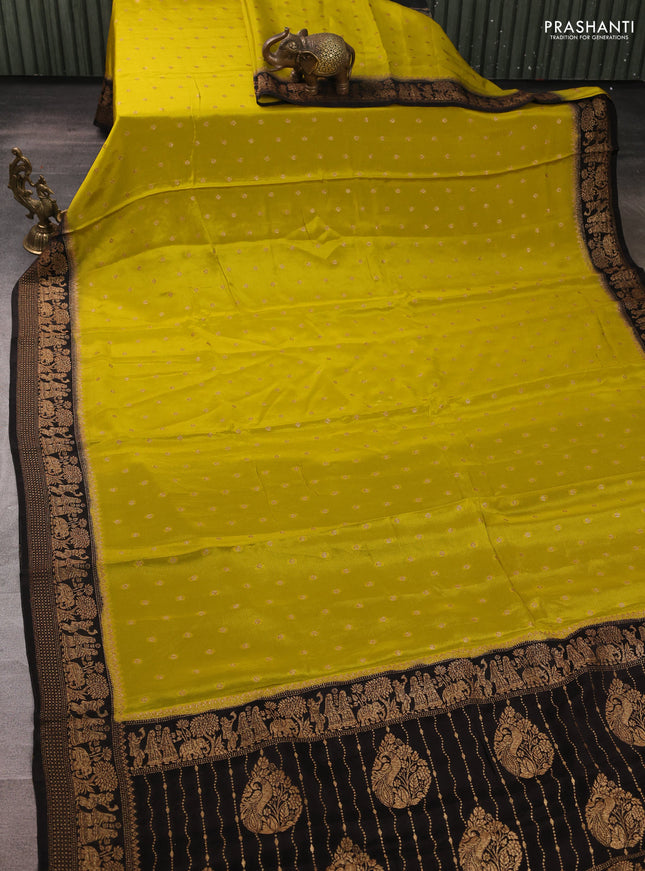 Banarasi semi chiffon saree lime green and black with allover thread & zari woven buttas and woven border