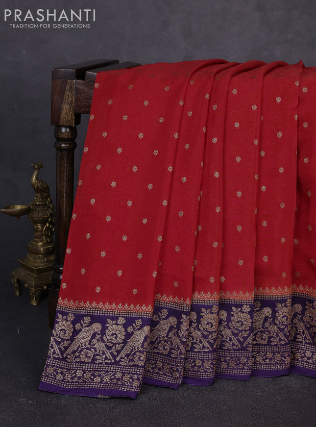 Banarasi semi chiffon saree red and violet with allover thread & zari woven buttas and woven border