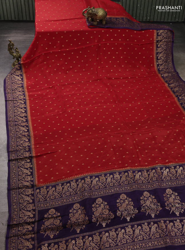 Banarasi semi chiffon saree red and violet with allover thread & zari woven buttas and woven border