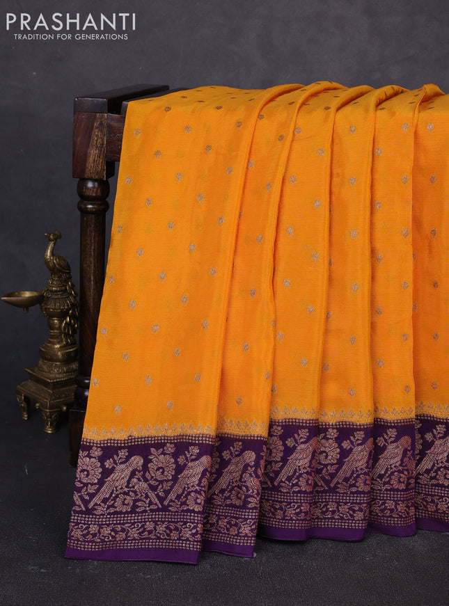 Banarasi semi chiffon saree mango yellow and violet with allover thread & zari woven buttas and woven border