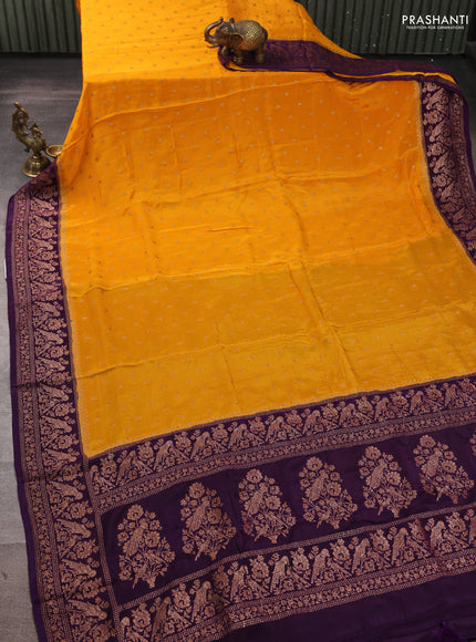 Banarasi chiffon saree mango yellow and violet with allover thread & zari woven buttas and woven border