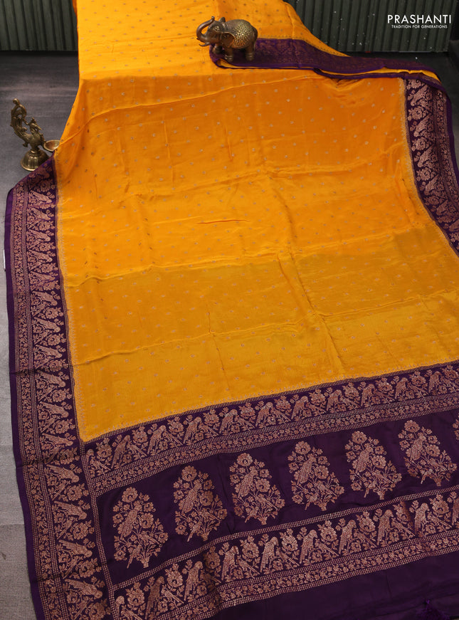 Banarasi semi chiffon saree mango yellow and violet with allover thread & zari woven buttas and woven border