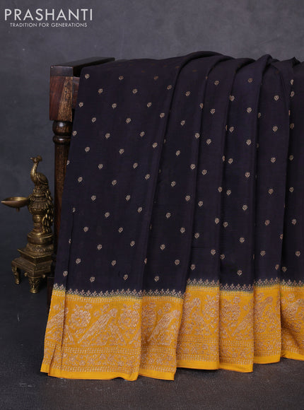Banarasi chiffon saree black and mustard yellow with allover thread & zari woven buttas and woven border