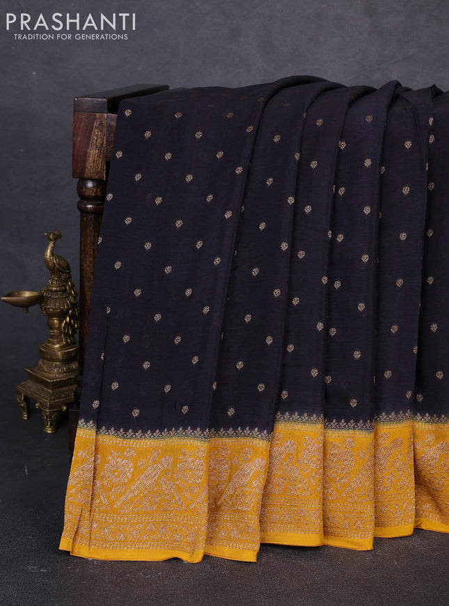 Banarasi semi chiffon saree black and mustard yellow with allover thread & zari woven buttas and woven border