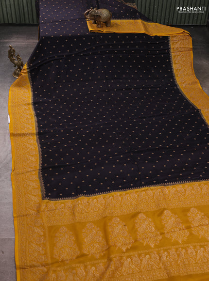Banarasi chiffon saree black and mustard yellow with allover thread & zari woven buttas and woven border