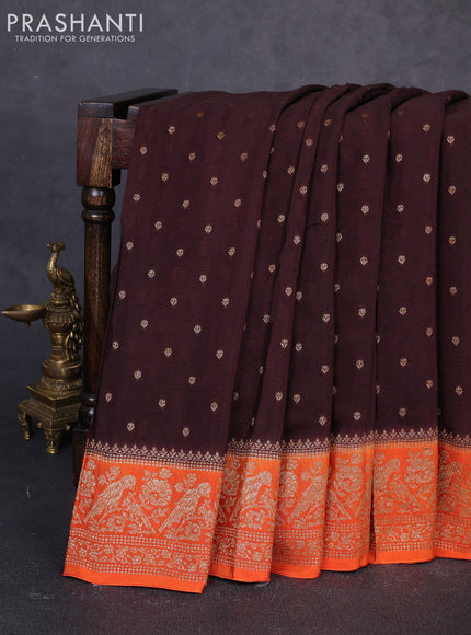 Banarasi chiffon saree coffee brown and orange with allover thread & zari woven buttas and woven border