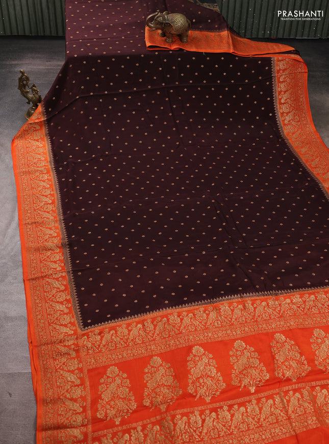 Banarasi semi chiffon saree coffee brown and orange with allover thread & zari woven buttas and woven border