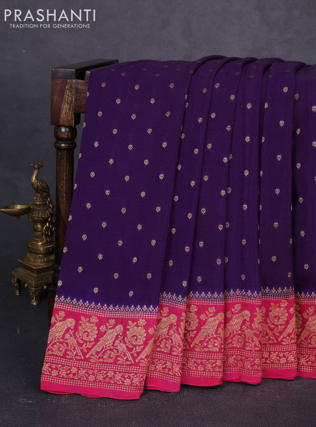 Banarasi semi chiffon saree deep violet and pink with allover thread & zari woven buttas and woven border