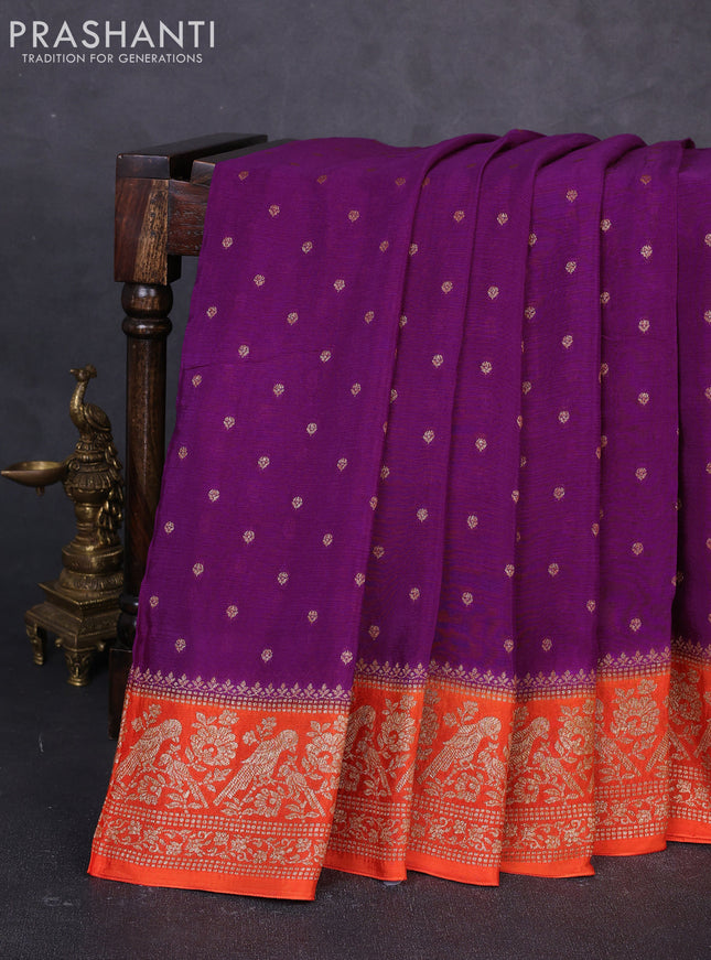 Banarasi semi chiffon saree purple and orange with allover thread & zari woven buttas and woven border