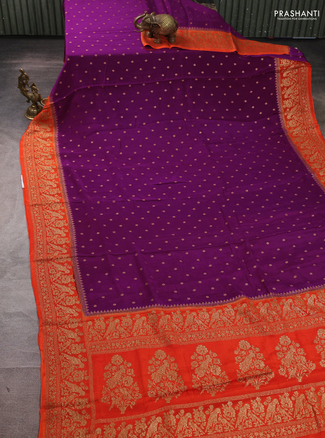 Banarasi semi chiffon saree purple and orange with allover thread & zari woven buttas and woven border