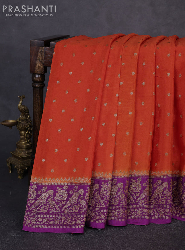 Banarasi semi chiffon saree orange and violet with allover thread & zari woven buttas and woven border