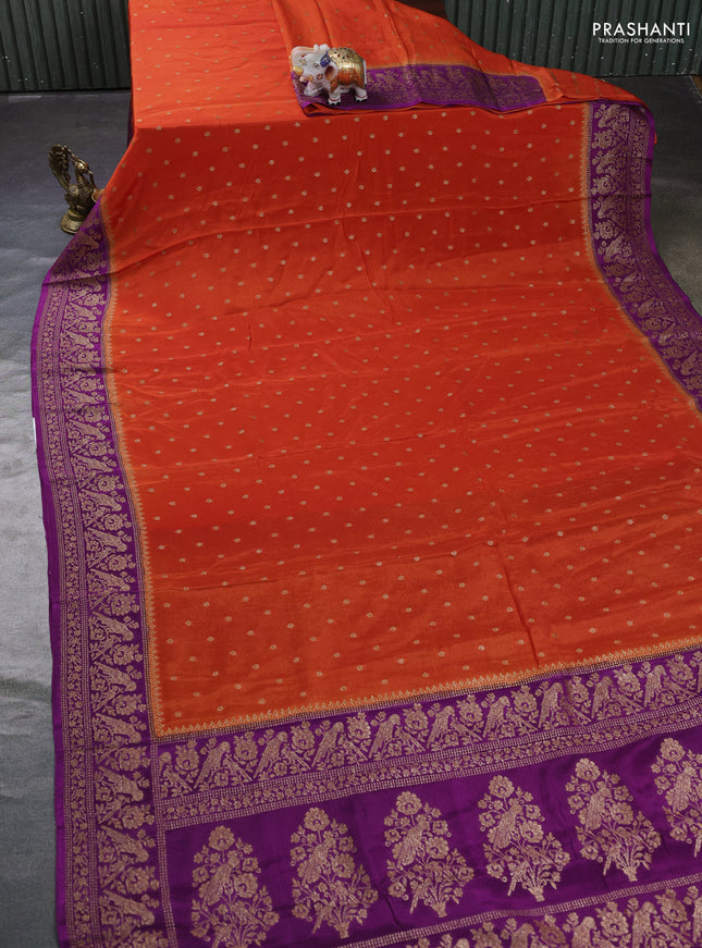 Banarasi semi chiffon saree orange and violet with allover thread & zari woven buttas and woven border