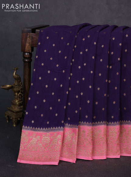 Banarasi chiffon saree deep violet and peach pink with allover thread & zari woven buttas and woven border