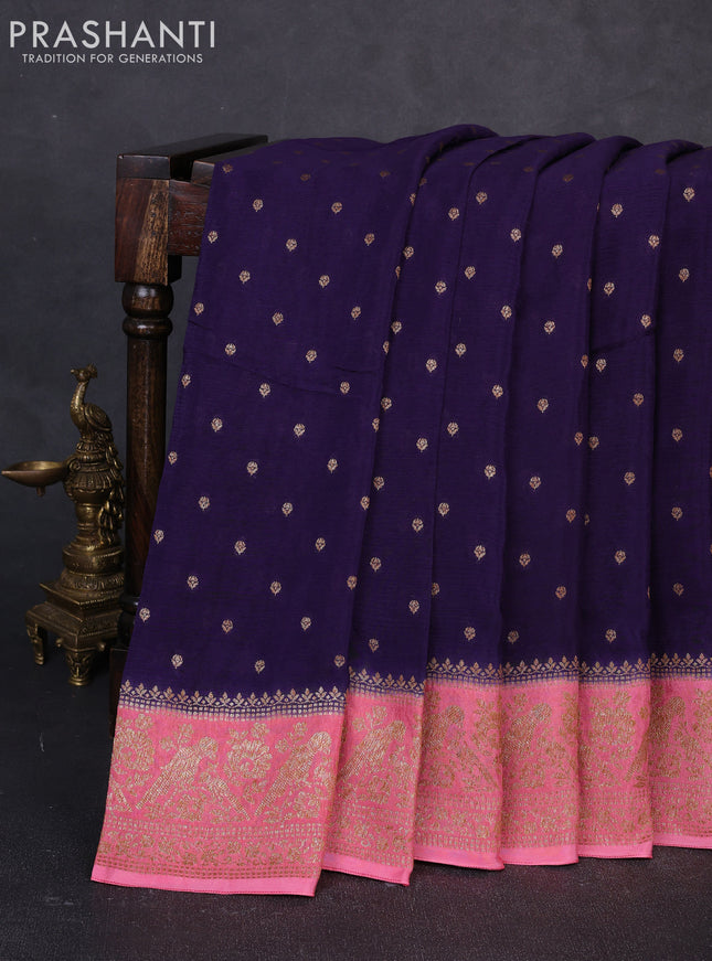 Banarasi semi chiffon saree deep violet and peach pink with allover thread & zari woven buttas and woven border
