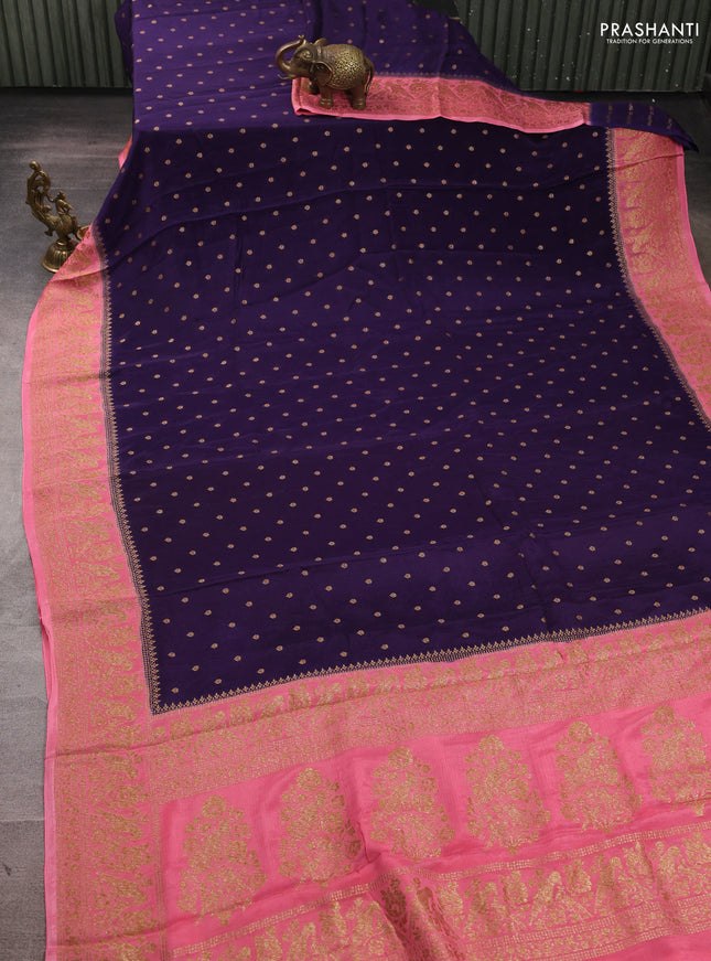 Banarasi semi chiffon saree deep violet and peach pink with allover thread & zari woven buttas and woven border