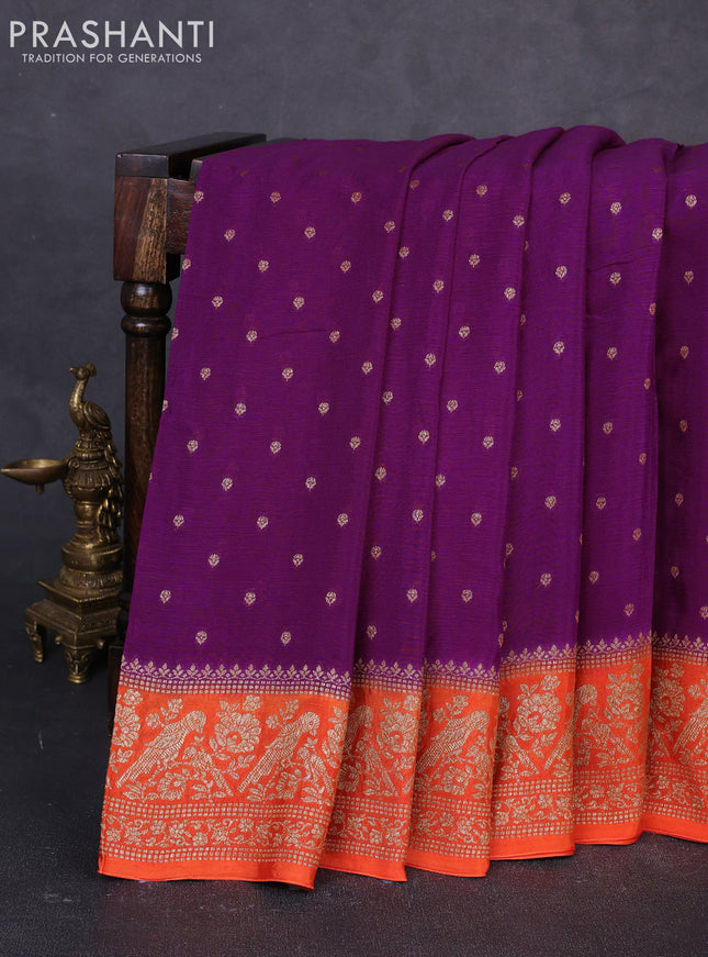 Banarasi semi chiffon saree purple and orange with allover thread & zari woven buttas and woven border