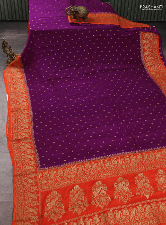 Banarasi semi chiffon saree purple and orange with allover thread & zari woven buttas and woven border