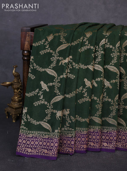 Banarasi semi chiffon saree bottle green and violet with allover thread & zari weaves and woven border