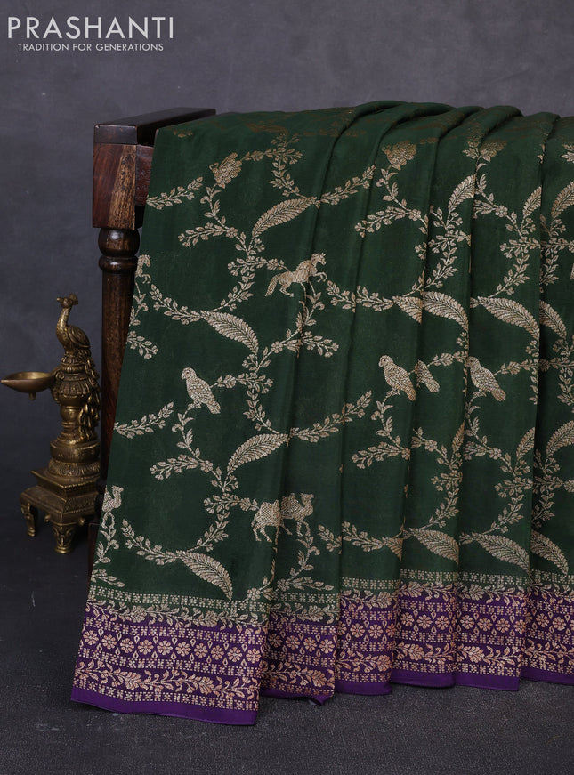 Banarasi semi chiffon saree bottle green and violet with allover thread & zari weaves and woven border
