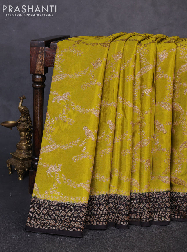 Banarasi semi chiffon saree mustard green and black with allover thread & zari weaves and woven border