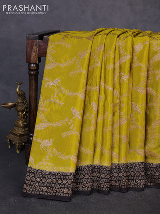 Banarasi chiffon saree mustard green and black with allover thread & zari weaves and woven border