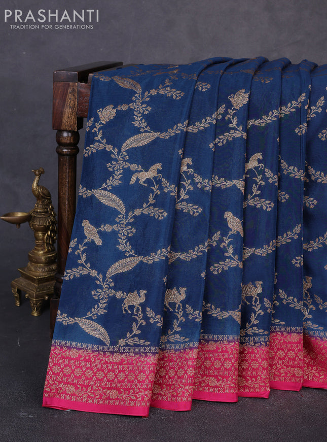 Banarasi semi chiffon saree peacock blue and pink with allover thread & zari weaves and woven border