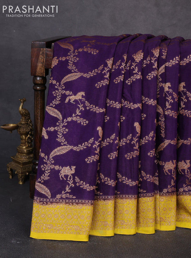 Banarasi semi chiffon saree violet and mustard green with allover thread & zari weaves and woven border