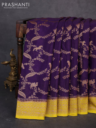 Banarasi chiffon saree violet and mustard green with allover thread & zari weaves and woven border