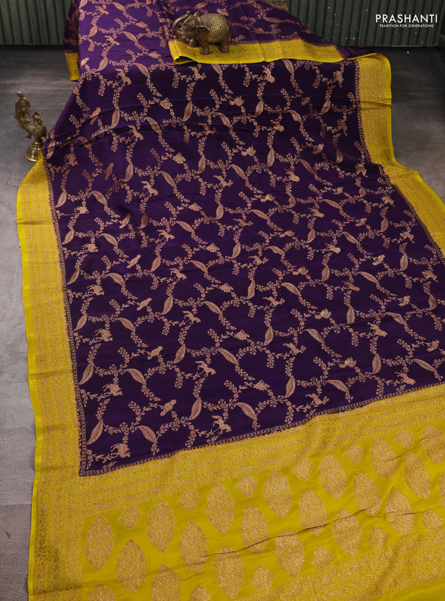 Banarasi semi chiffon saree violet and mustard green with allover thread & zari weaves and woven border
