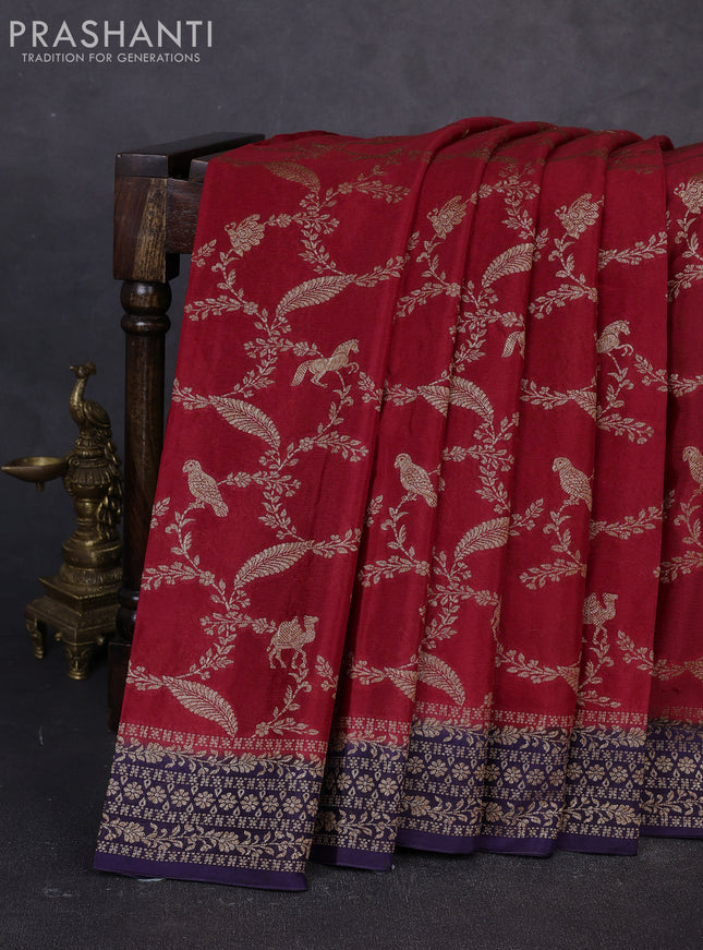 Banarasi semi chiffon saree maroon and violet with allover thread & zari weaves and woven border