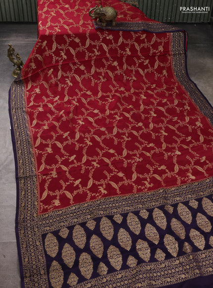 Banarasi semi chiffon saree maroon and violet with allover thread & zari weaves and woven border