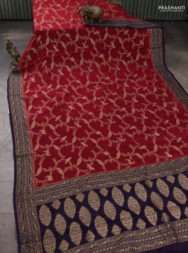 Banarasi semi chiffon saree maroon and violet with allover thread & zari weaves and woven border