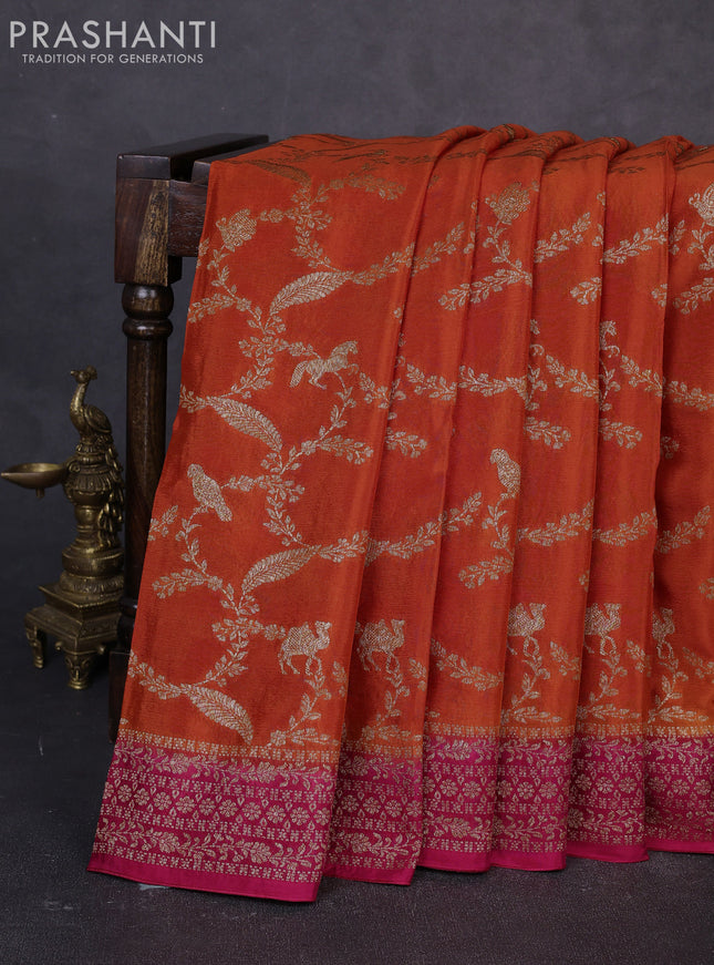 Banarasi semi chiffon saree orange and pink with allover thread & zari weaves and woven border