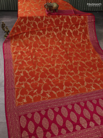 Banarasi semi chiffon saree orange and pink with allover thread & zari weaves and woven border