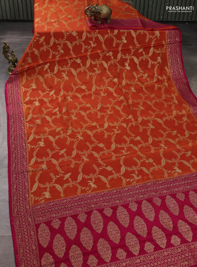 Banarasi semi chiffon saree orange and pink with allover thread & zari weaves and woven border