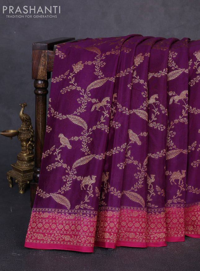 Banarasi semi chiffon saree purple and pink with allover thread & zari weaves and woven border