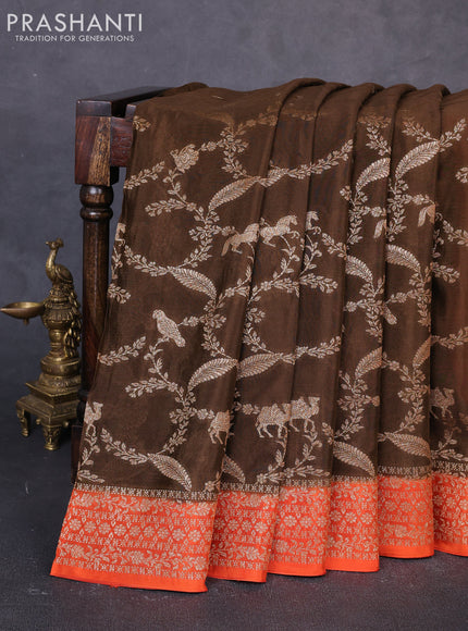 Banarasi semi chiffon saree brown and orange with allover thread & zari weaves and woven border
