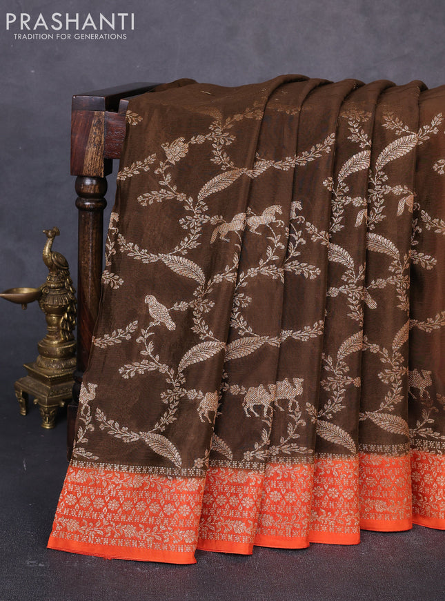 Banarasi semi chiffon saree brown and orange with allover thread & zari weaves and woven border
