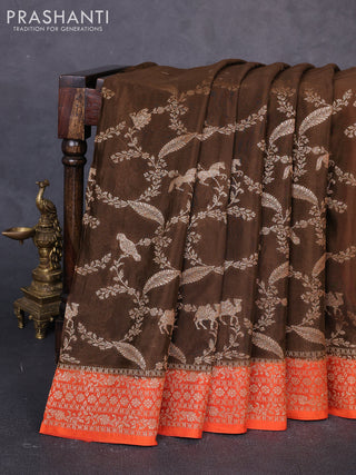 Banarasi chiffon saree brown and orange with allover thread & zari weaves and woven border
