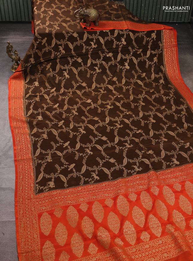Banarasi semi chiffon saree brown and orange with allover thread & zari weaves and woven border